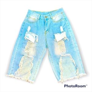 Denim Bermuda Shorts Ripped Distressed Light Wash